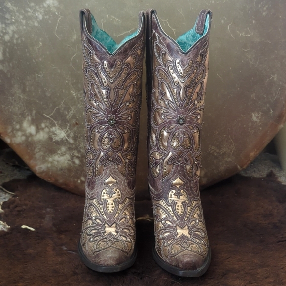 CORRAL E1594 distressed brown leather snip toe cowgirl boots metallic inlay sz 8 - Picture 6 of 16